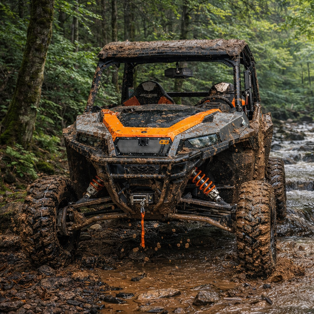 Off-road vehicle crossing a stream in a forest