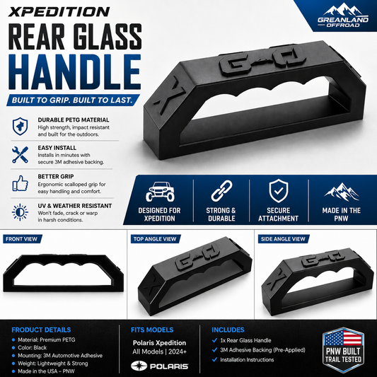 Black Xpedition rear glass handle for Polaris xpedition, shown in a multi-view infographic with product details, installation benefits, and views from the front, top, and side.
