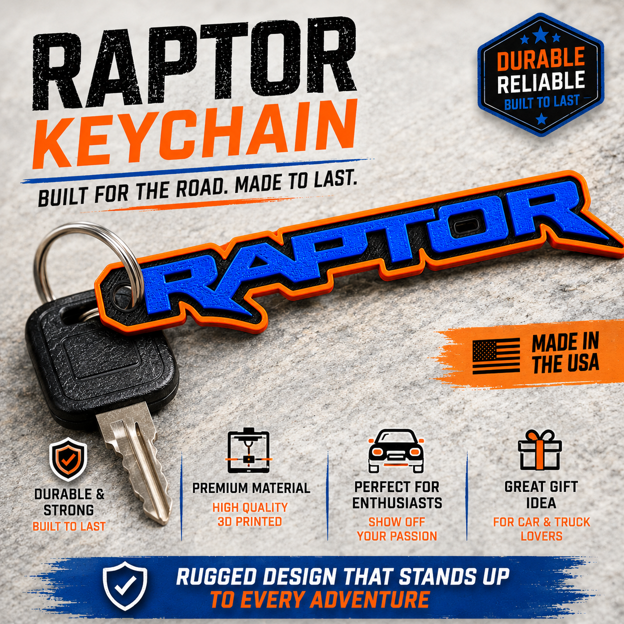 Raptor Keychain   Custom Color 3D Printed Truck Keychain