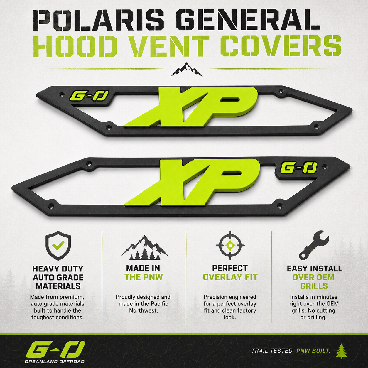 Polaris General Hood Vent Covers | Custom Color Overlay Trim | 2016–2026 | Greanland Offroad