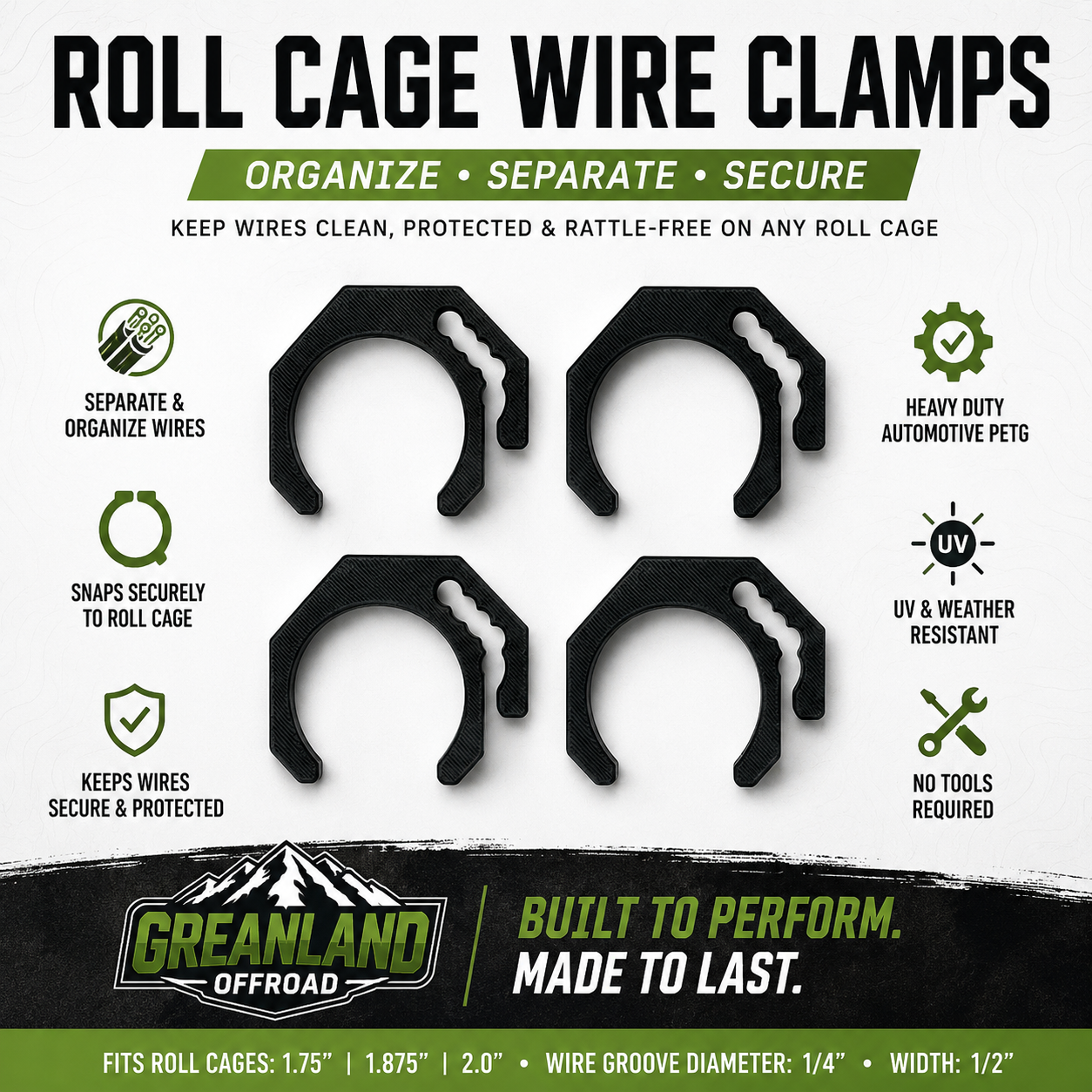 Greanland Offroad Roll Cage Wire Clamps | Set of 4 | Organize SXS & UTV Accessory Wiring