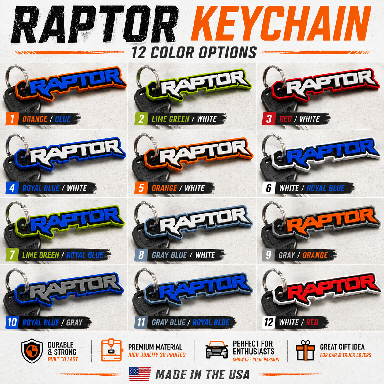 Raptor Keychain   Custom Color 3D Printed Truck Keychain