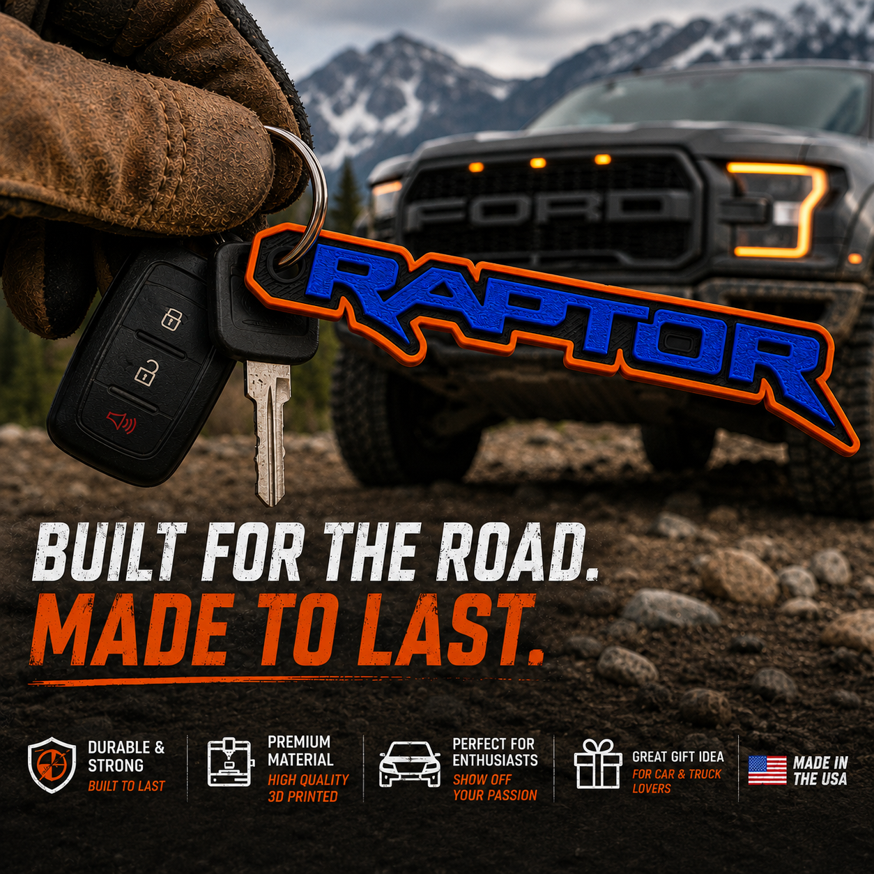 Raptor Keychain   Custom Color 3D Printed Truck Keychain