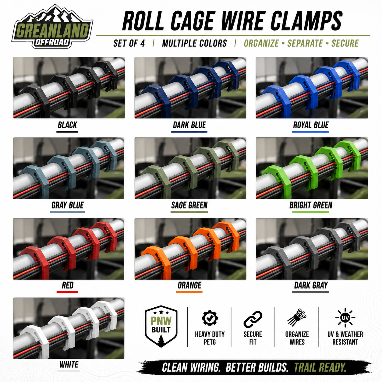 Greanland Offroad Roll Cage Wire Clamps | Set of 4 | Organize SXS & UTV Accessory Wiring