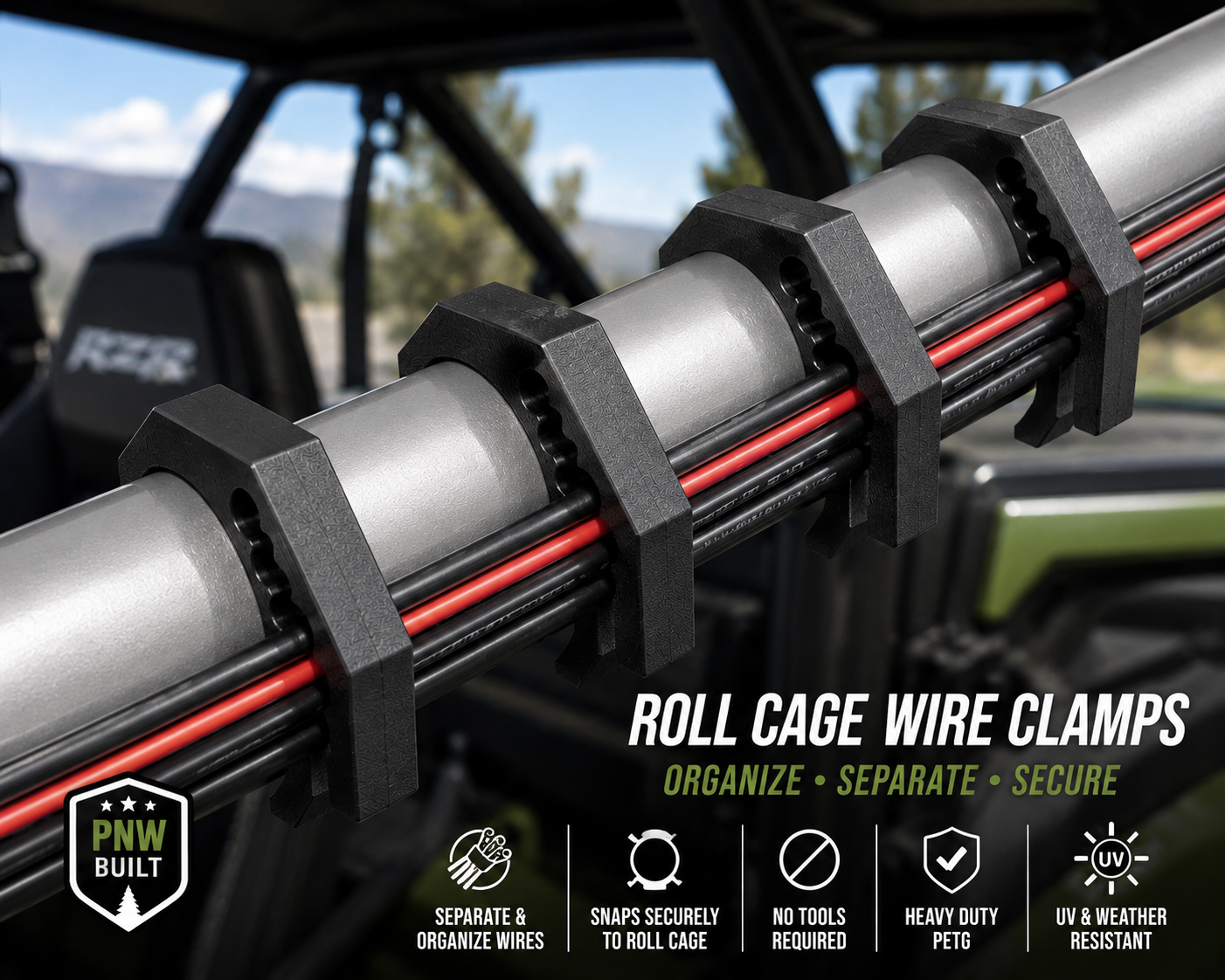 Greanland Offroad Roll Cage Wire Clamps | Set of 4 | Organize SXS & UTV Accessory Wiring