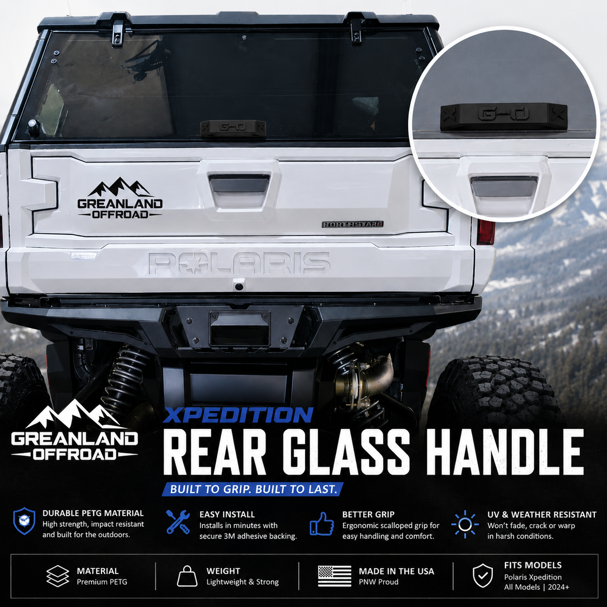 Rear view of a white Polaris off-road vehicle with a black rear glass handle installed, shown with marketing text and an inset close-up of the handle. The image includes Grenland Offroad branding and feature callouts.