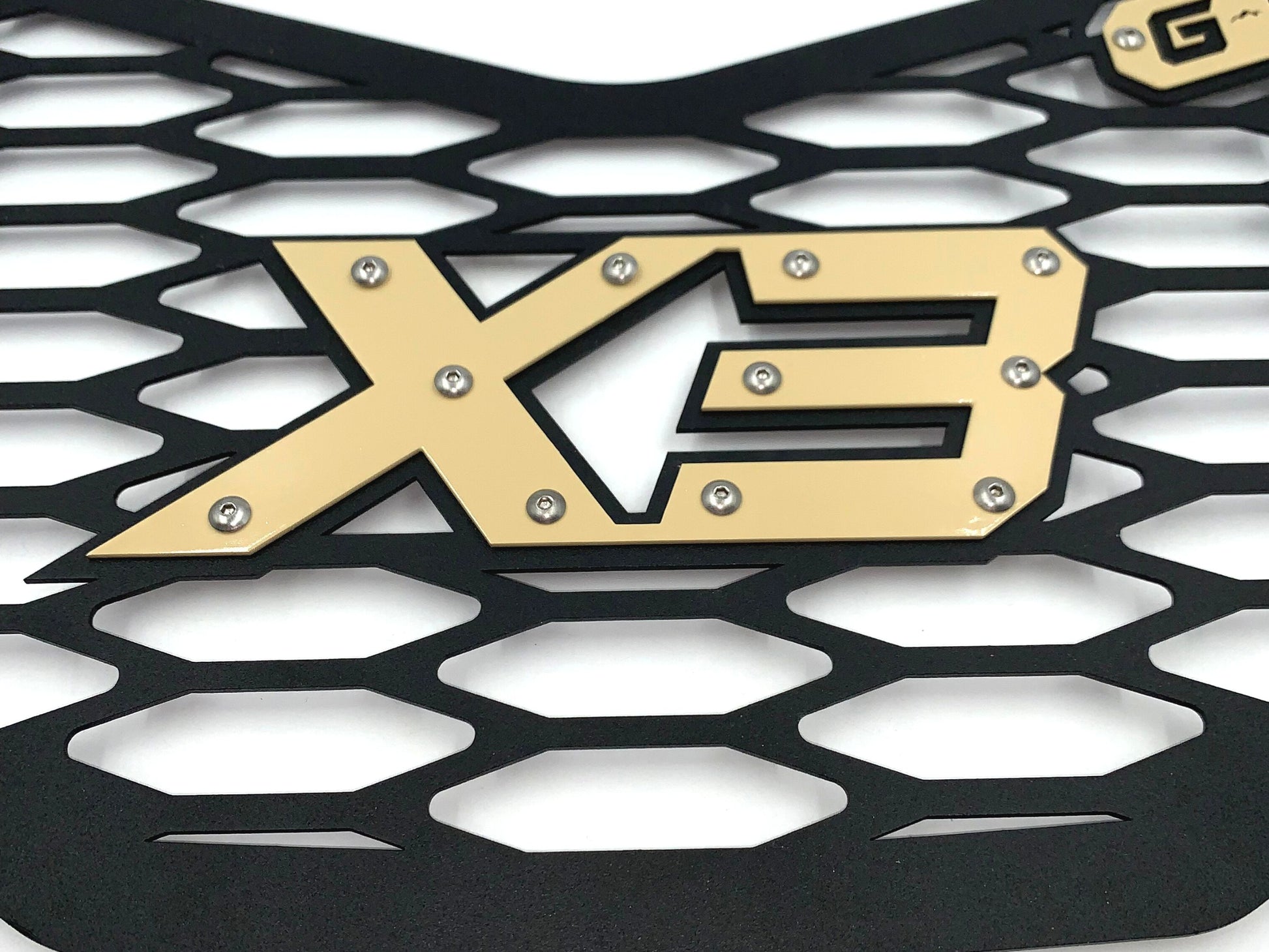 closeup of tan x3 logo on greanland offroad grille